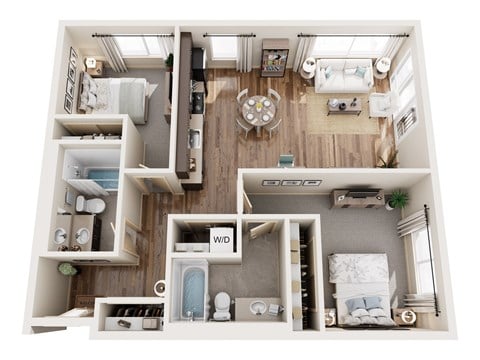 Floor plan for 2 beds, 2 baths, 925 sqft